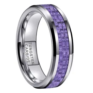 Purple Carbon Fiber Inlay Tungsten Carbide Ring for Women 6MM Beveled Edge Wedding Band Promise Ring Engagement Jewelry Sizes 5-11