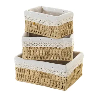 Bohemian Style Woven Storage Basket Set, Handmade Cosmetic Organizer, Vintage Country Style Decorative with Fabric Lining, Stackable Rectangular Box