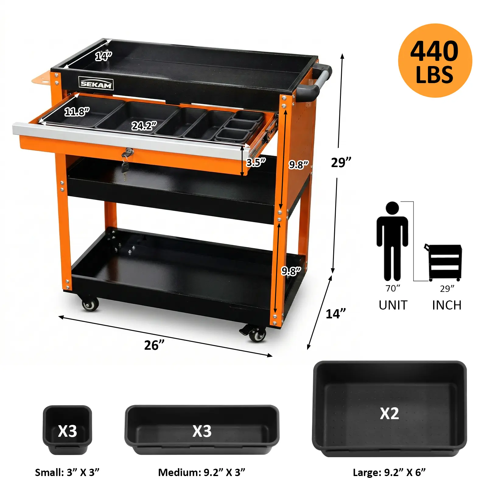 SEKAM Heavy Duty 3-Tier Rolling Utility Cart - Tool Storage Trolley with 440lbs Max Capacity, Locking Drawer, Steel Frame, Side Pegboard, 8-Piece Drawer Organizer Set, Storage Racks, Orange, 3-Tier Cart