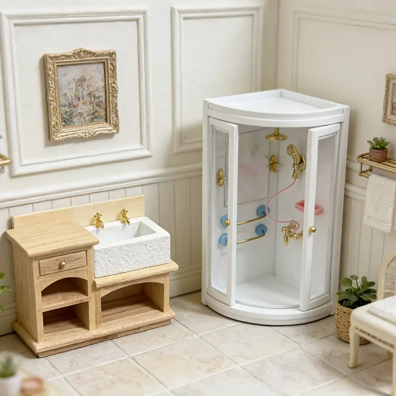 2Pcs Miniature Dollhouse Bathroom Furniture Set Sink Vanity and Shower Stall Combo Includes Shower with Mirror Faucet Soap Dish Micro Furniture for Dollhouse Bathroom Decor Christmas Easter New Year Gift