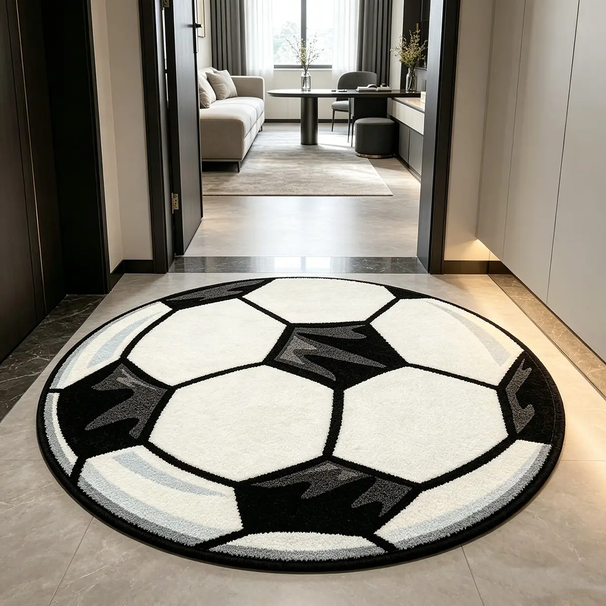 Trendy and cool football-themed round rug, non-slip, washable, thickened short-pile rug for living room, sports-style non-slip rug for living room, bedroom, bedside, gaming room, short-pile washable decorative rug, Washable Area Rug.