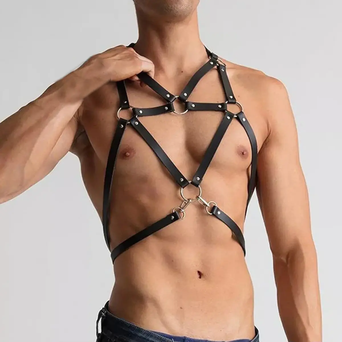 Men's Adjustable Geometric Multi-O-Ring Crisscross PU Leather Chest Harness Halter Body Strap - Punk Accessories, Men's Accessories for Adults, Punk Rave Club Layering Piece