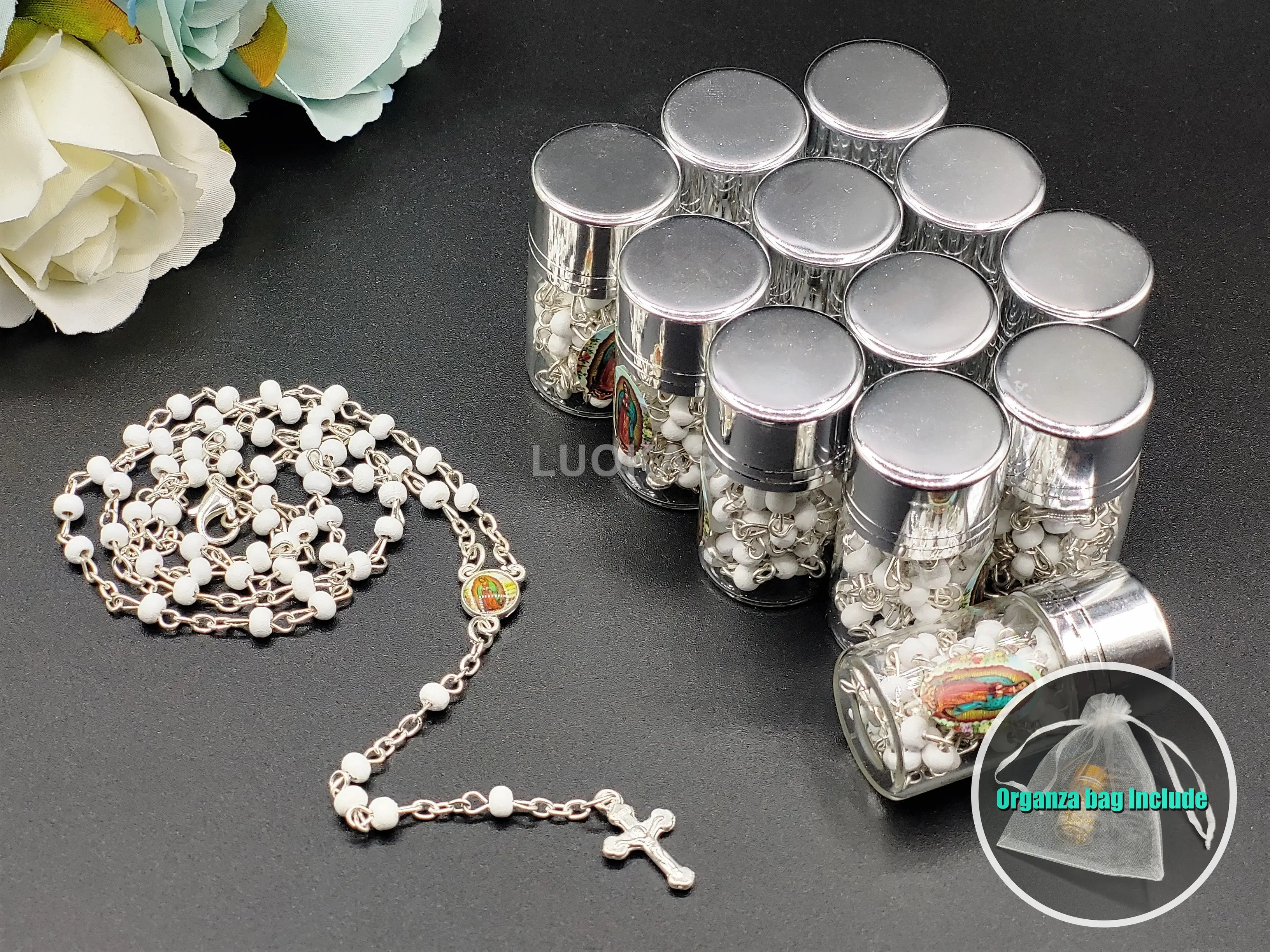 US LUOKASI 4/12pcs Baptism Favors White Beads Rosary in Silver Cap Glass Jar Perfect for DIY Baptism Favors Holy Communions Recuerdos De Bautizo Quinceanera Christening Primera Communion Gifts Wedding Baby Shower Souvenirs