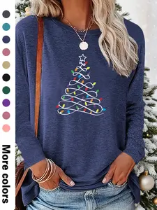 Women's Christmas Tree Print Long Sleeve Round Neck Tee, Soft Comfortable Fabric, Available in 9 Colors, Casual Fashion Top