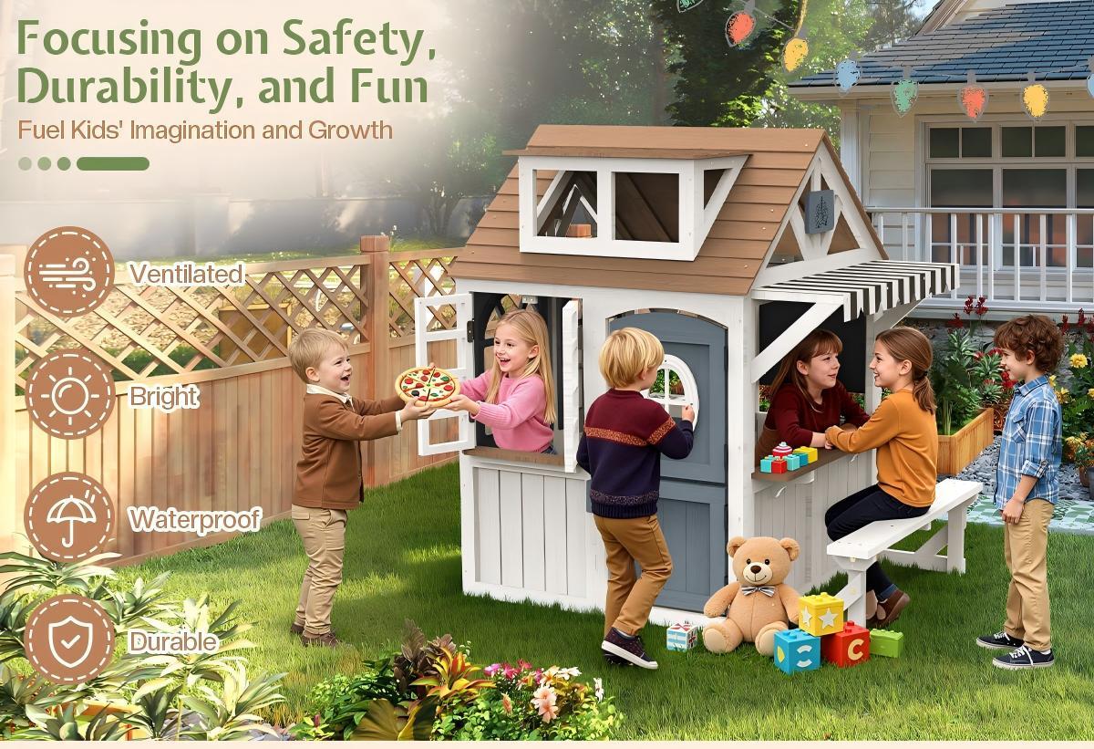 ALBOTT Kids Outdoor Wooden Playhouse with Kitchen Set, Durable Fir Wood Construction with Waterproof Roof & Rust-Resistant Hinges, Pretend Playhouse for 3–8 Years Old Boys & Girls