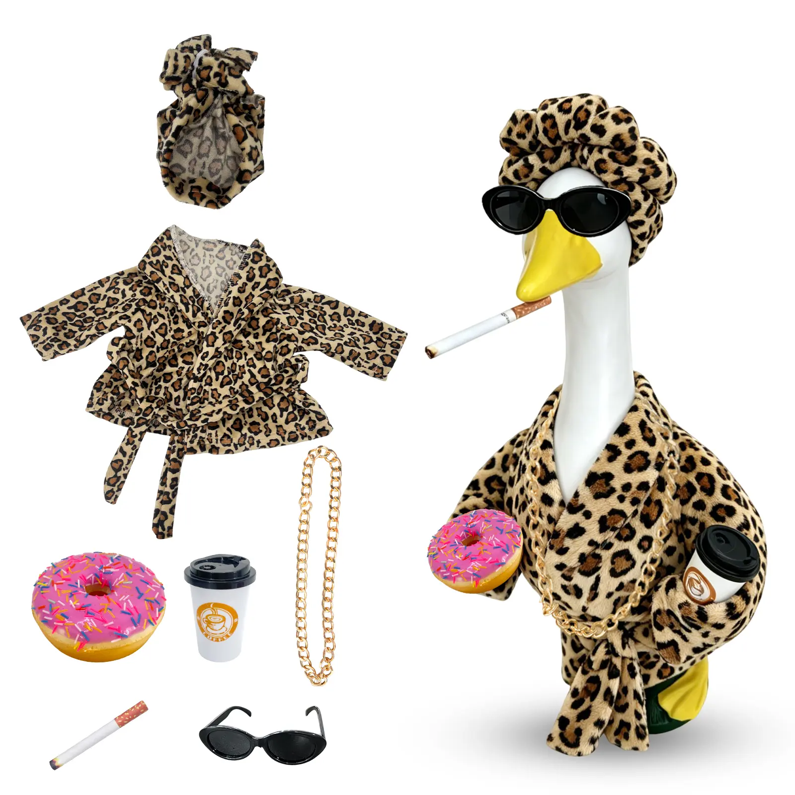 Lady Porch Goose Outfit – Bathrobe & Curlers Set, Funny Spring/Summer Goose Costume, Fits 23" Lawn Goose, Garden Decor