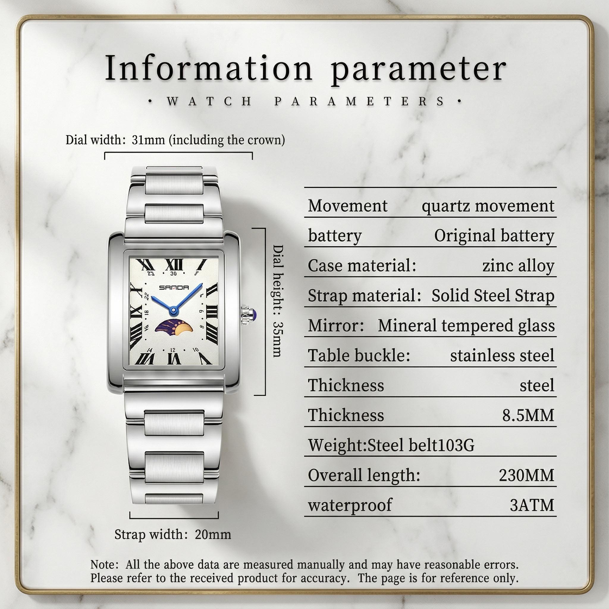 Old Money Aesthetic Square Watch for Women Elegant Vintage Moon Phase Wristwatch Stainless Steel Band