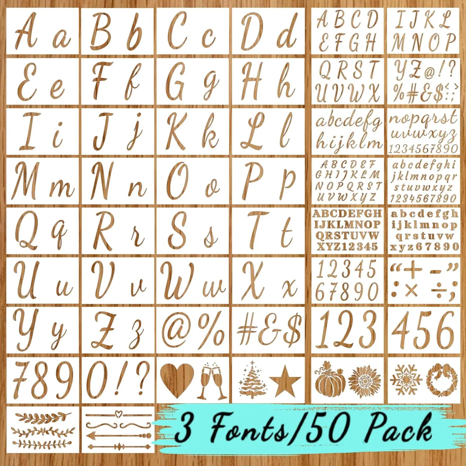 Large Letter Stencils for Painting on Wood - 50 Pc Alphabet & Number Crafts Reusable Custom Cursive Lettering Signs Chalkboard Fabric Decorative Seasonal Images