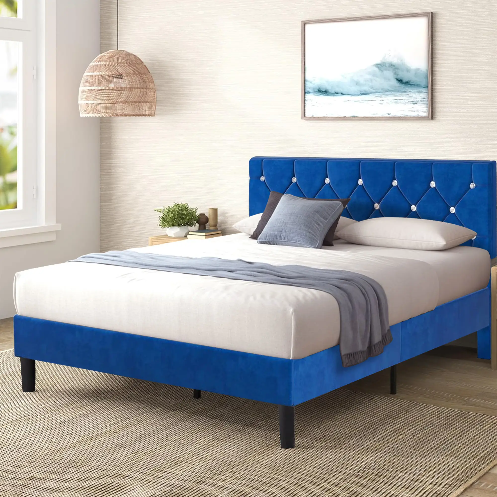 VECELO Upholstered with Tufted Diamond Button Headboard Queen Size Wood Support Platform Base Frame Mattress Foundation No Box Spring Required Easy As