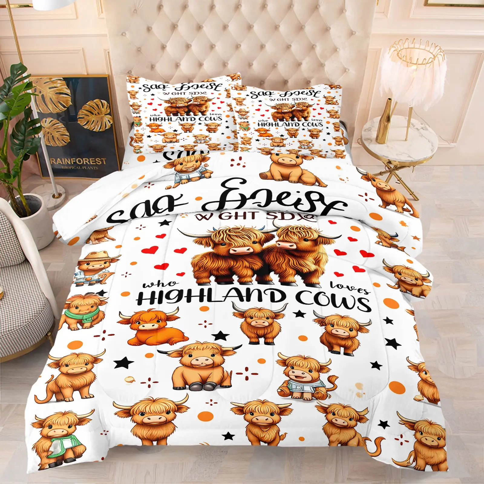 Cute Highland Cow Cartoon Print Quilted Comforter Set, 1 Comforter + 1/2 Pillowcases, Soft & Comfortable Bedding for Kids Teens, Perfect for Bedroom, Dorm, Apartment & Farmhouse Decor