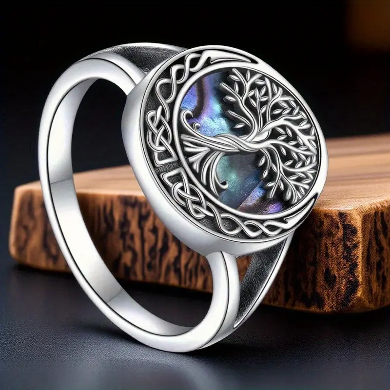 Celtic Knot & Tree of Life Ring with Shell Inlay - Unisex Family Tree Memorial Jewelry for Men & Women, Cremation Remembrance Piece, Unisex Jewelry
