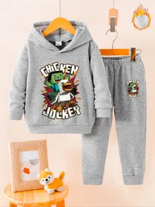 Kids' Chicken Jockey Cartoon Print Hoodie & Sweatpants Set, Fleece Lined, Fall Winter Casual Wear, Boys Girls Ages 6-8 Years