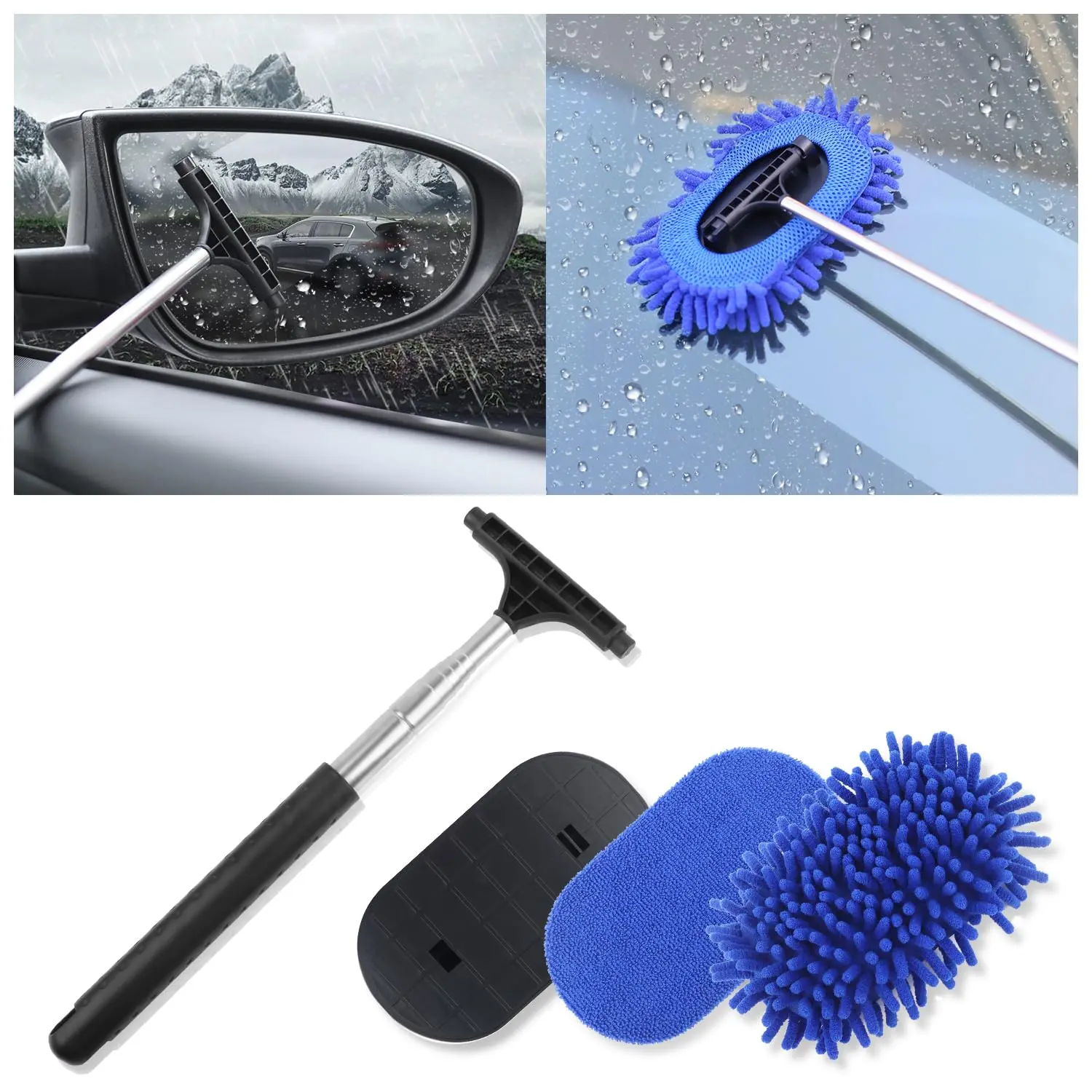 Joytutus Car Windshield Cleaner Tool, 3-in-1 car window cleaning kit with retractable handle & 2 reusable microfiber pads, 180° swivel car cleaning tools for exterior/interior
