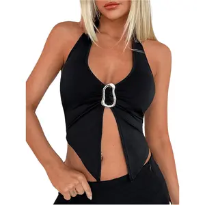 Women's Halter Top V Neck Sleeveless Split Hem Backless Y2k Crop Tank Tops