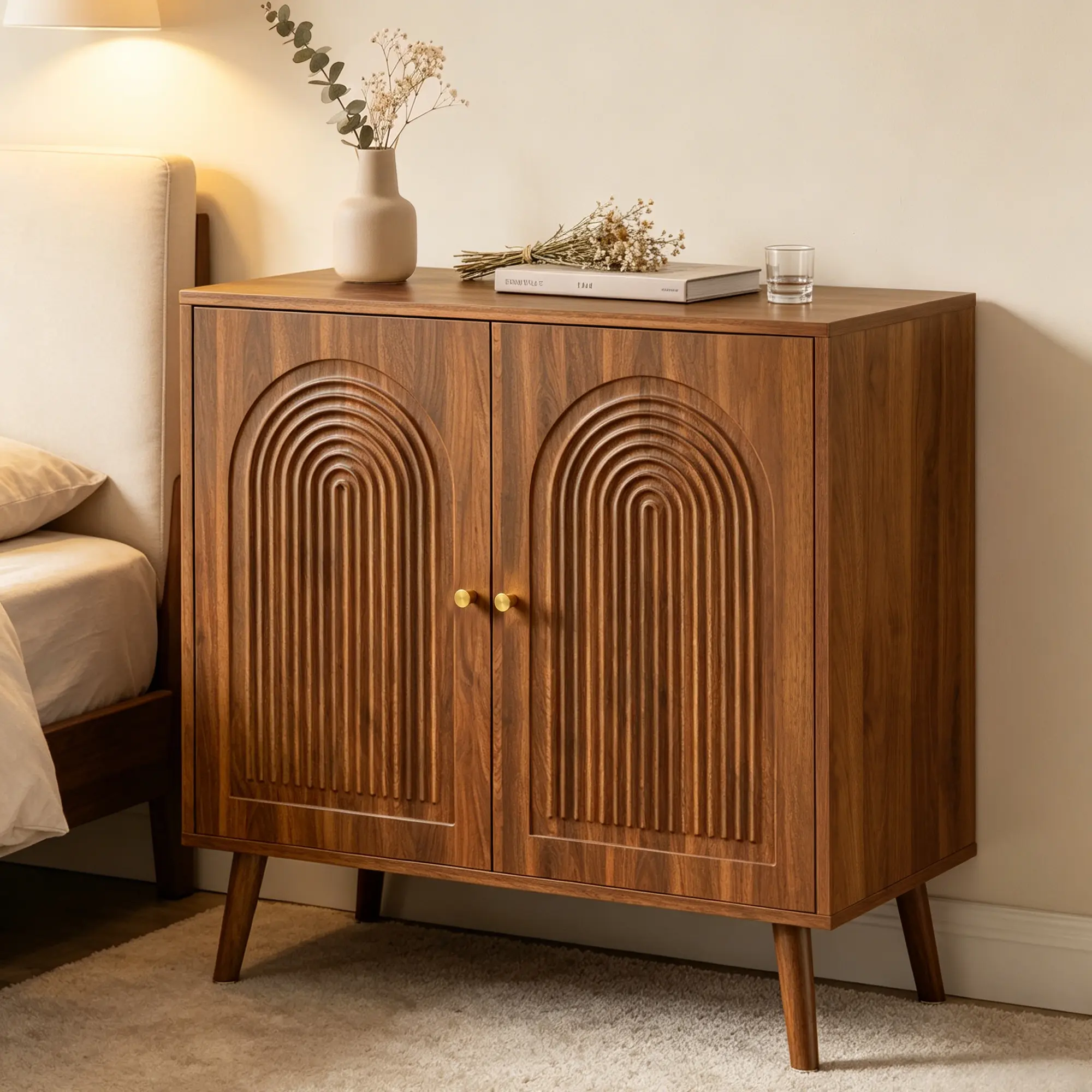 Giratree 31.5" Accent Storage Cabinet, Arched Fluted 2-Door Sideboard | Seamless arched fluted doors, adjustable shelf, soft-close hinges, tapered solid wood legs for versatile room storage