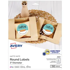 Avery Printable Round Labels with Sure Feed, 3" Diameter, Matte White, Permanent Adhesive, Laser & Inkjet Printers, 150 Blank Labels (5655)