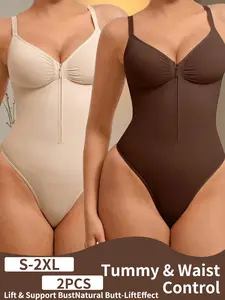 women's sexy high-elasticity V-neck thin strap shapewear bodysuit, front zipper waist training slimming bodysuit