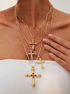 4-Piece Set of Stylish & Unique Cross Pendant Necklaces — Layered Long Cross Chains & Clavicle Necklaces — Vintage Y2K Stackable Cross Necklace Set: Perfect Gifts for Father's Day, Mother's Day, Graduation Season, and Summer Parties