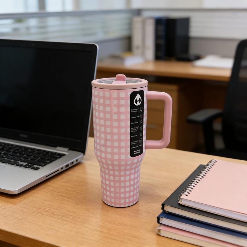 HydroJug 40oz Pink & White Plaid Insulated Water Bottle, Large Capacity Leak-Proof Travel Mug, Portable Thermal Cup for Car, Office, Sports & Outdoor Use spout handle Tumbler Personalized