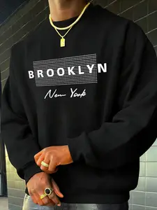 Men's Casual Streetwear Round Neck Pullover, Brooklyn Letters Print, Comfortable Commute Fabric, Long Sleeve, Spring & Fall Fashion