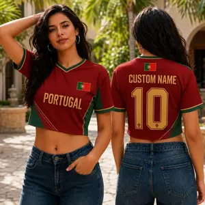 Portugal Women's Crop Top Soccer Jersey, Red Green Football Fan Shirt, Custom Name Number Athletic Tee, Match Day Sportswear For Women