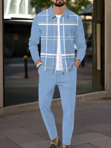 Herren 2-teiliges Set Casual 3D gedruckte Lapeljacke mit solidfarbenen Drawstring-Hosen Modisches Zweiteiliges Outfit für den Alltag