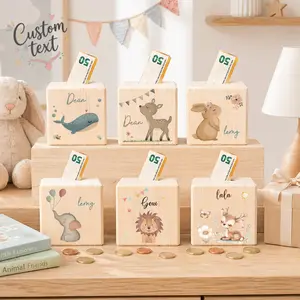 Personalized Wooden Money Box Custom Name Kids Savings Bank Cute Animal Piggy Bank Coin Cash Holder Nursery Room Decor Back To School Birthday Gift Gift For Boys Gift For Girls Gift For Family Parents Grandparents