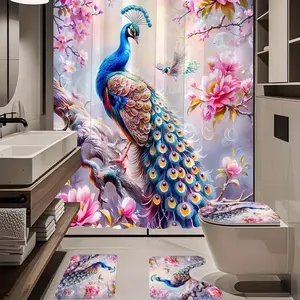 1/4pc Colorful Peacock Pattern Shower Curtain Set, including shower curtain, toilet seat cover, rectangular mat, and U-shaped mat. Perfect for bathroom décor, beautifying the space. Comes with 12 shower curtain hooks. Bathroom Decoration Accessories