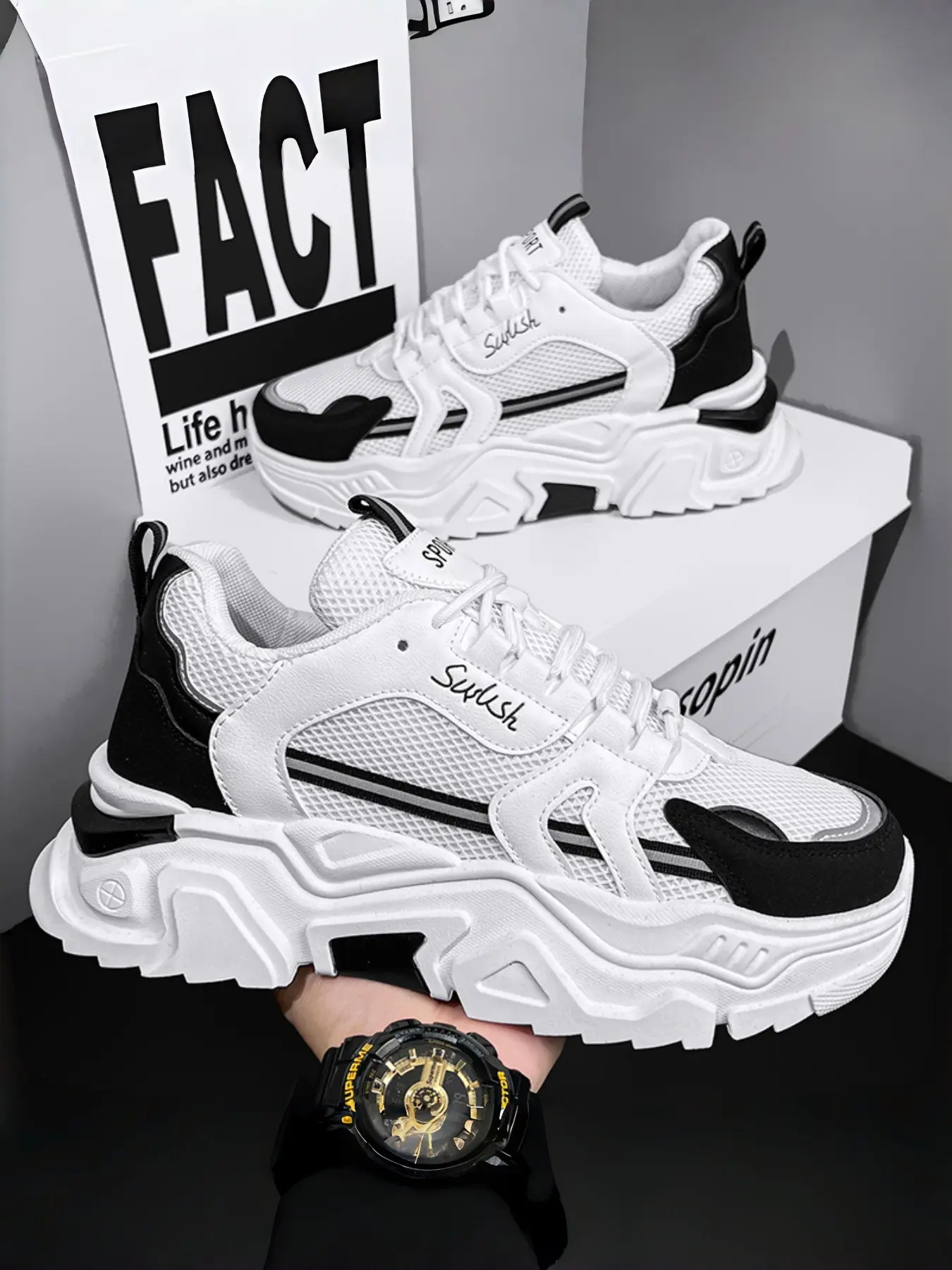 Men's All-White Dad Shoes | Breathable Mesh Platform Sneakers | Versatile Casual Wear Walking Shoes Thick Sole Sneaker, Thick Soled Sneakers, Trainer Sneakers