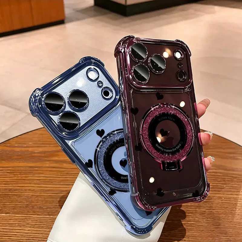 Cute Heart Clear Phone Case with Glitter Ring Stand for iPhone 18 17 16 15 14 13 12 11 Galaxy S26 S25 S24, Electroplated 4-Corner Shockproof Cover, Raised Camera Protection ---985