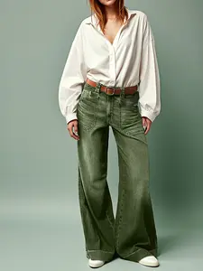Wide Leg Stretch Jeans - Comfortable Soft Breathable for Casual Wear Denim Womenswear in Olive Green