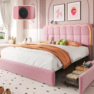 TryLazy LED Bed Frame with 4 Storage Drawers & USB Charging Station App Controlled Adjustable Headboard Lighting Modern Upholstered Platform Bed No Noise No Box Spring Needed Excellent Gift for Christmas and New Year