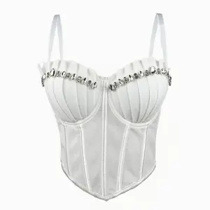 Women's High-End Spaghetti Strap Sleeveless Pleated Lace Fabric Top - Rhinestone Trim, European Look, Moderate Stretch Fishnet Camisole with Fishbone Bra, Chest-Tightening Figure-Enhancing Body-Shaping, White Chain Cross Pendant Halter Womenswear