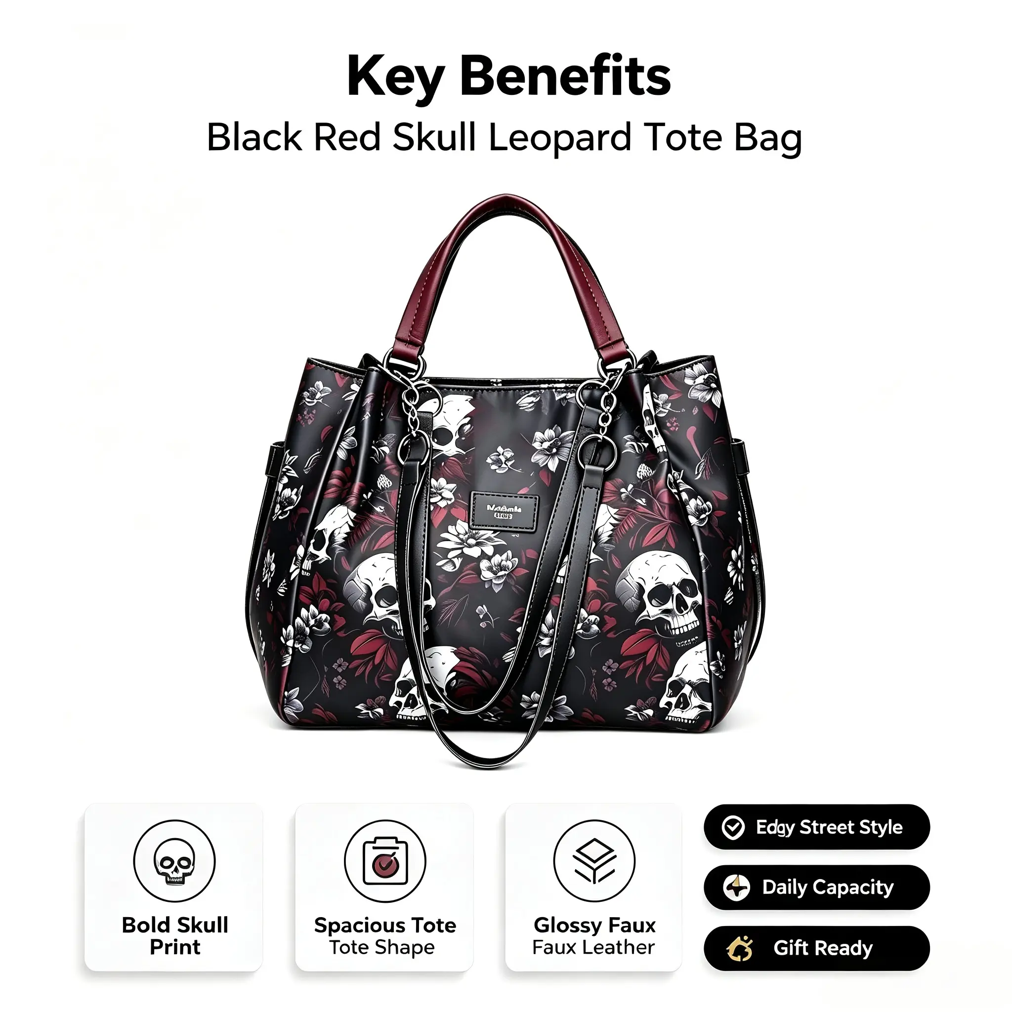 Women's Gothic Tote Bag, Skull & Floral Print Waterproof Nylon Handbag with Adjustable Leather Strap, Large Capacity for Shopping, Leather Bags