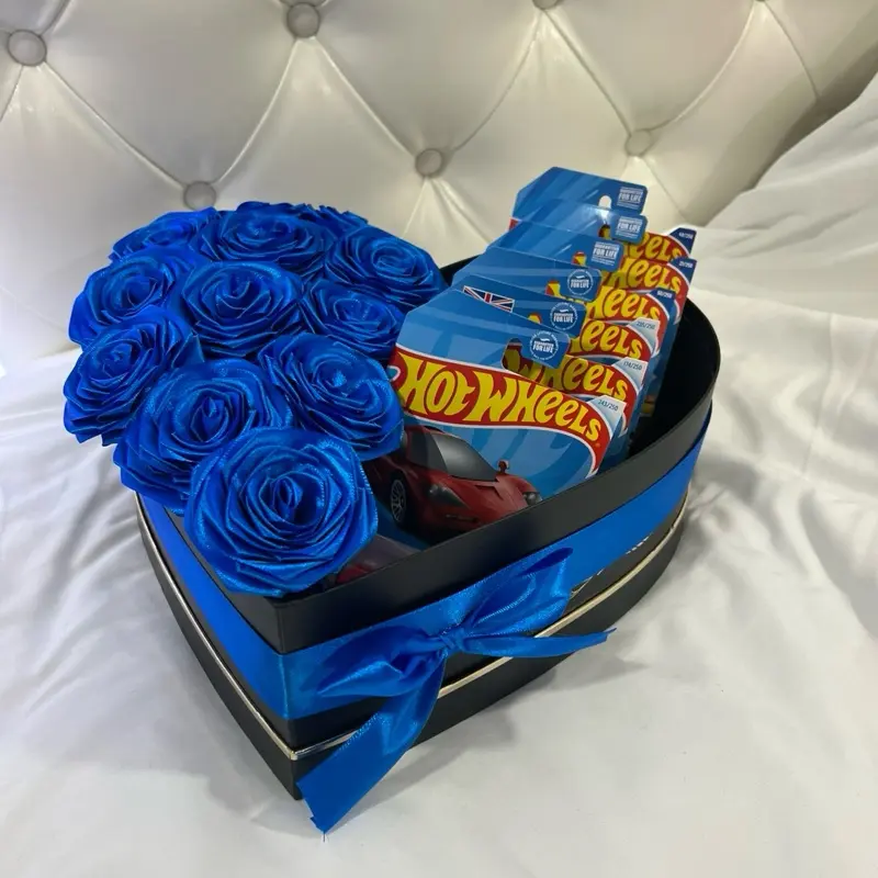 Luxury Heart-Shaped Gift Box with Blue Eternal Roses & Hot Wheels Cars Handcrafted Premium Arrangement