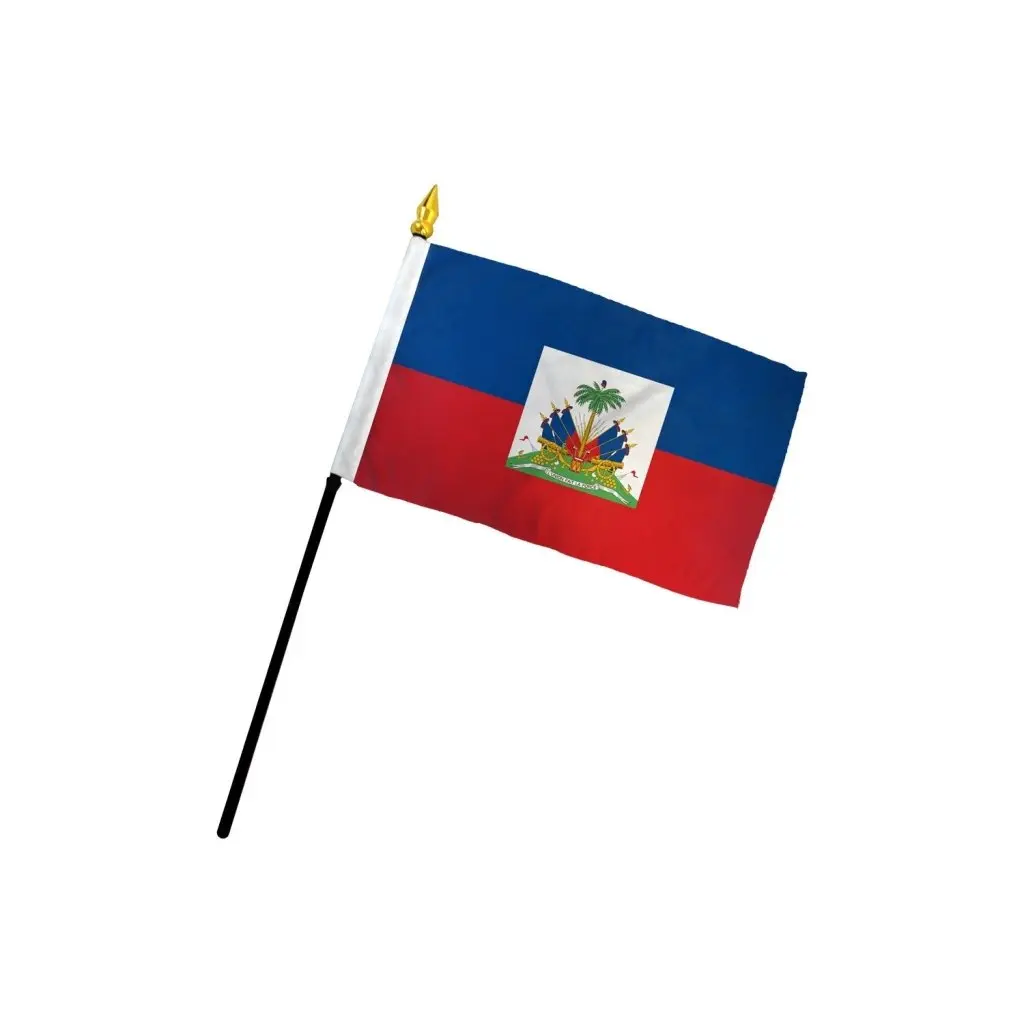 Plastic 4x6in Printed Haiti Stick Flag with Stitched Edge, Festive Party Supply, Home Decoration Accessory
