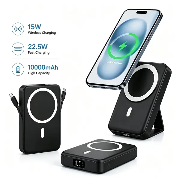 Magnetic power bank, 10000mAh wireless portable charger with USB-C data cable, LED display, foldable battery pack, 22W fast charging, compact silicone material, black.