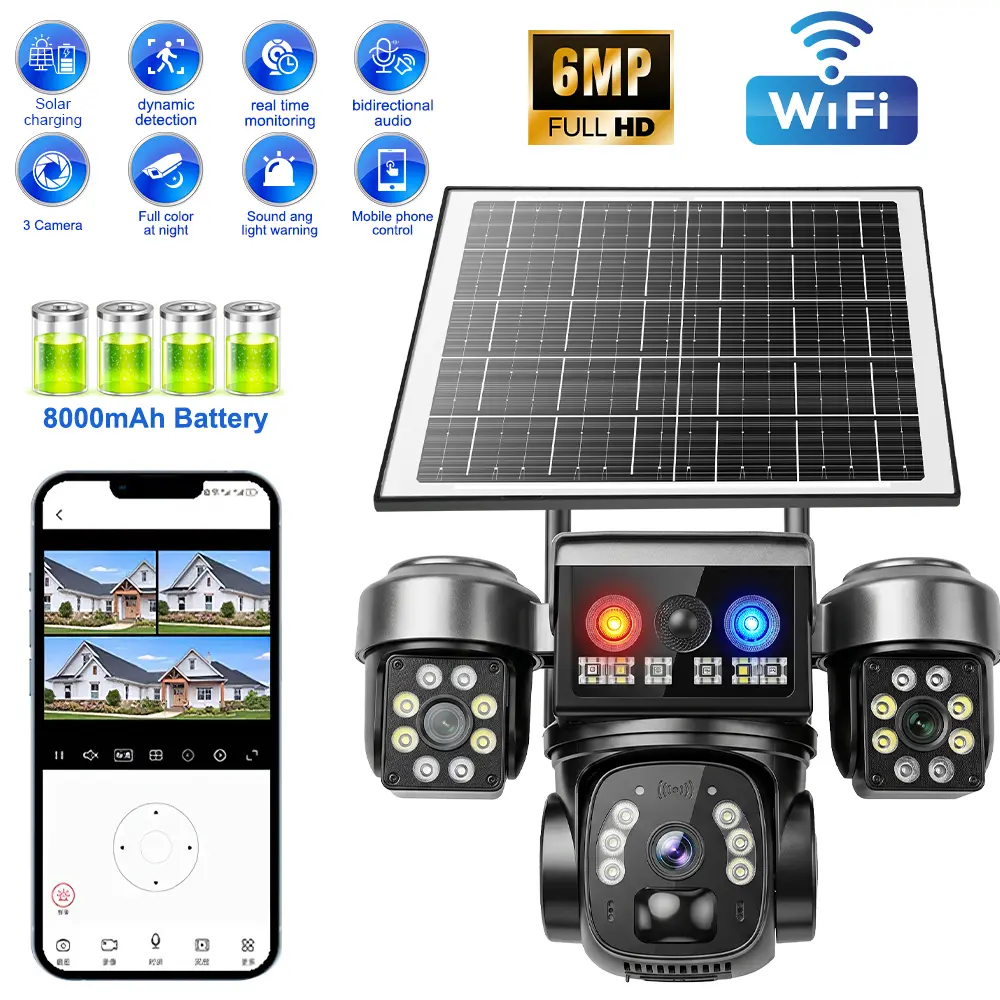 Triple Lens Solar Security Camera 3 Screens 6MP 360° PTZ WiFi Outdoor Spotlight 24/7 Full Color Night Vision Display AI Human Detection Two Way Audio 8000mAh Battery IP66 Waterproof