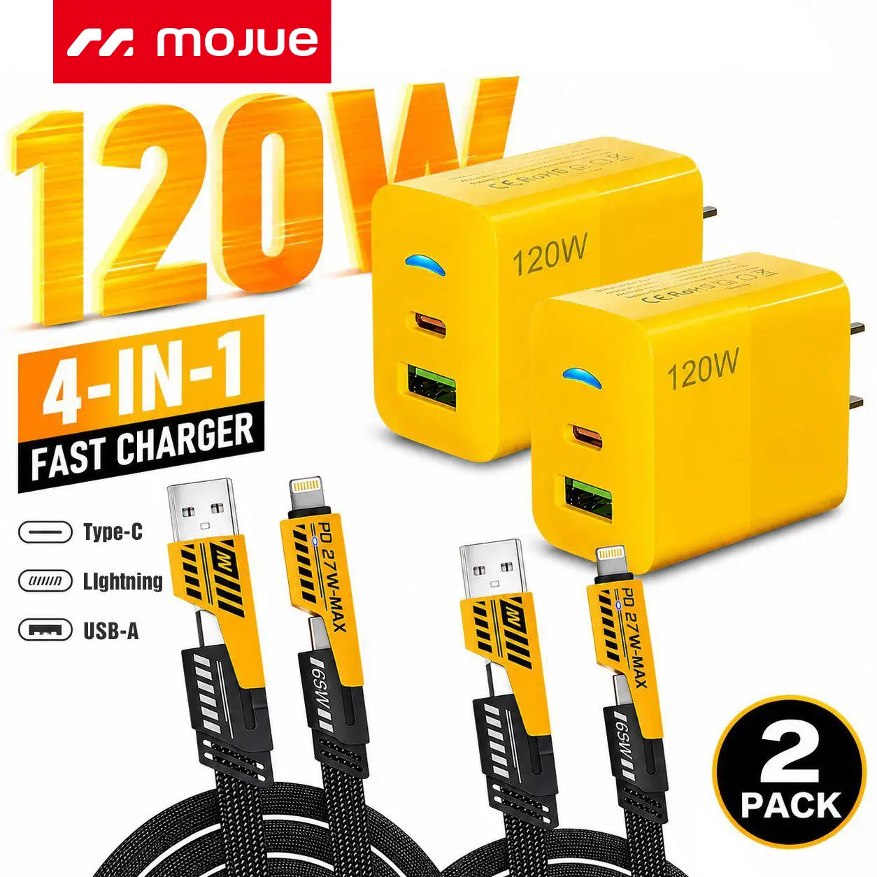 1-Pack Portable Fast Charger,New 120W Type C/USB A dual-port adapter,  mechanical style multi-functional cable, suitable for gaming, office, travel 5FT Flat Braided Charger Cord for iPhone 17/16/15/14/13/12Pro Max/iPad/Airpods/Samsung