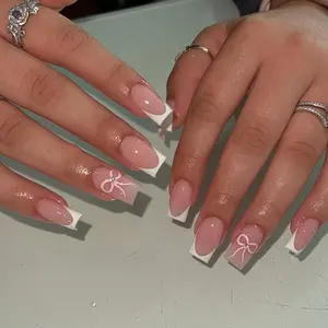 24pcs Square Glossy Fake Nails, French Bow Design, Women Nail Art Decorations, Nail Tips Art, Perfect for Manicure & Pedicure