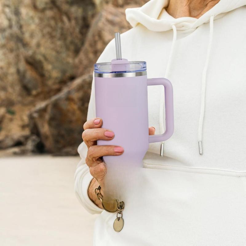 Medelim FlowCup Tumbler 40 Oz Insulated Stainless Steel Light Purple Travel Mug with Handle & Reusable Straw Leak-Proof Lid Car Cup Holder Compatible BPA-Free