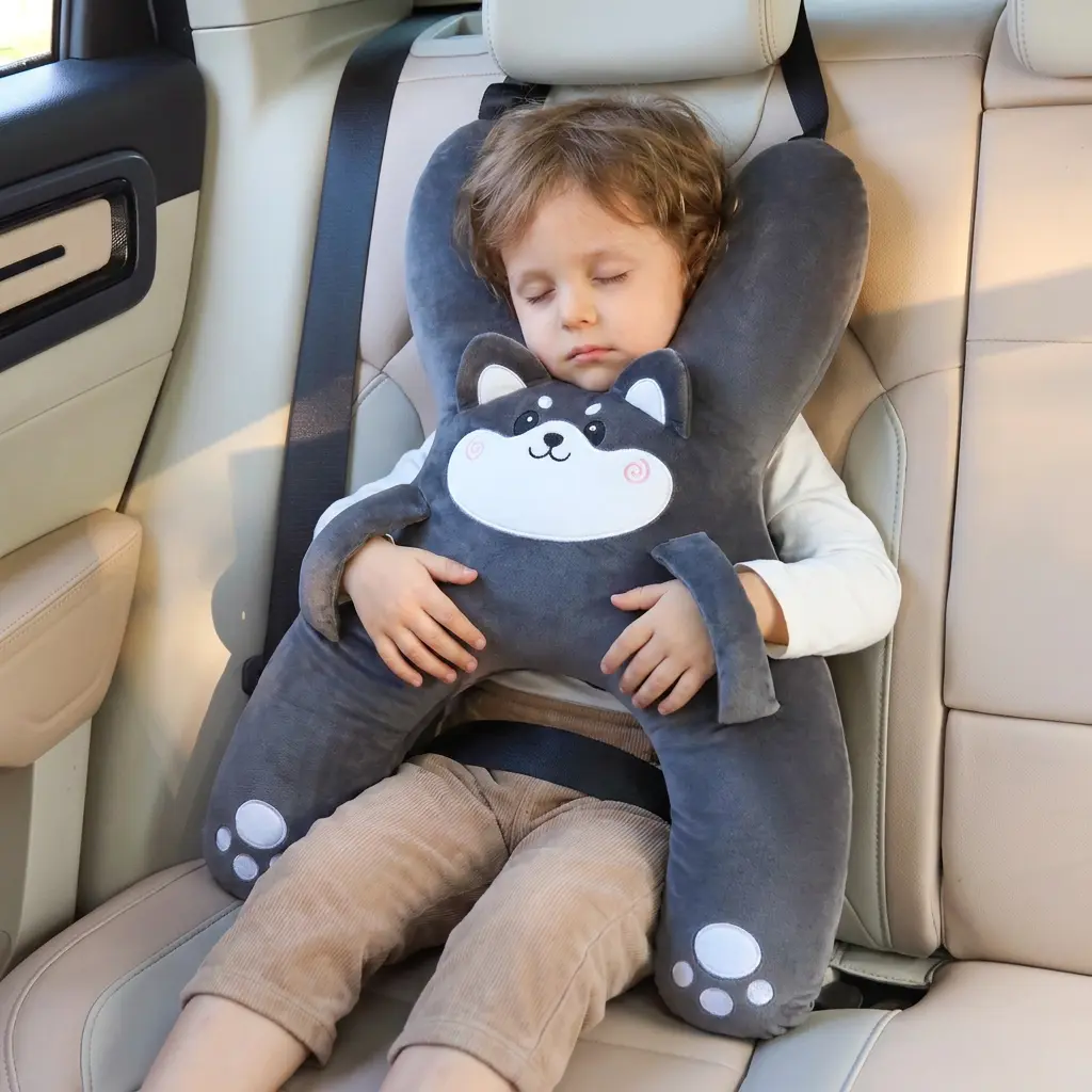 Kids Car Seatbelt Support Plush Pillow - H-Shape Husky Neck Head Support, Soft Filling, Embroidered Animal Pattern, Universal Car Fit, Washable Safety Belt Protector for Road Trip Naps, Prevents Head Slumping, Embroidered Husky