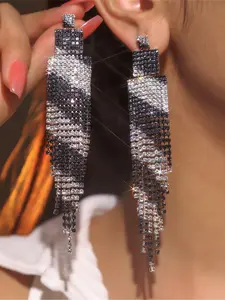Fashion Rhinestone Zebra Pattern Long Fringe Earrings for Women, Wedding Party Festival Wear, Casual All-Season Jewelry