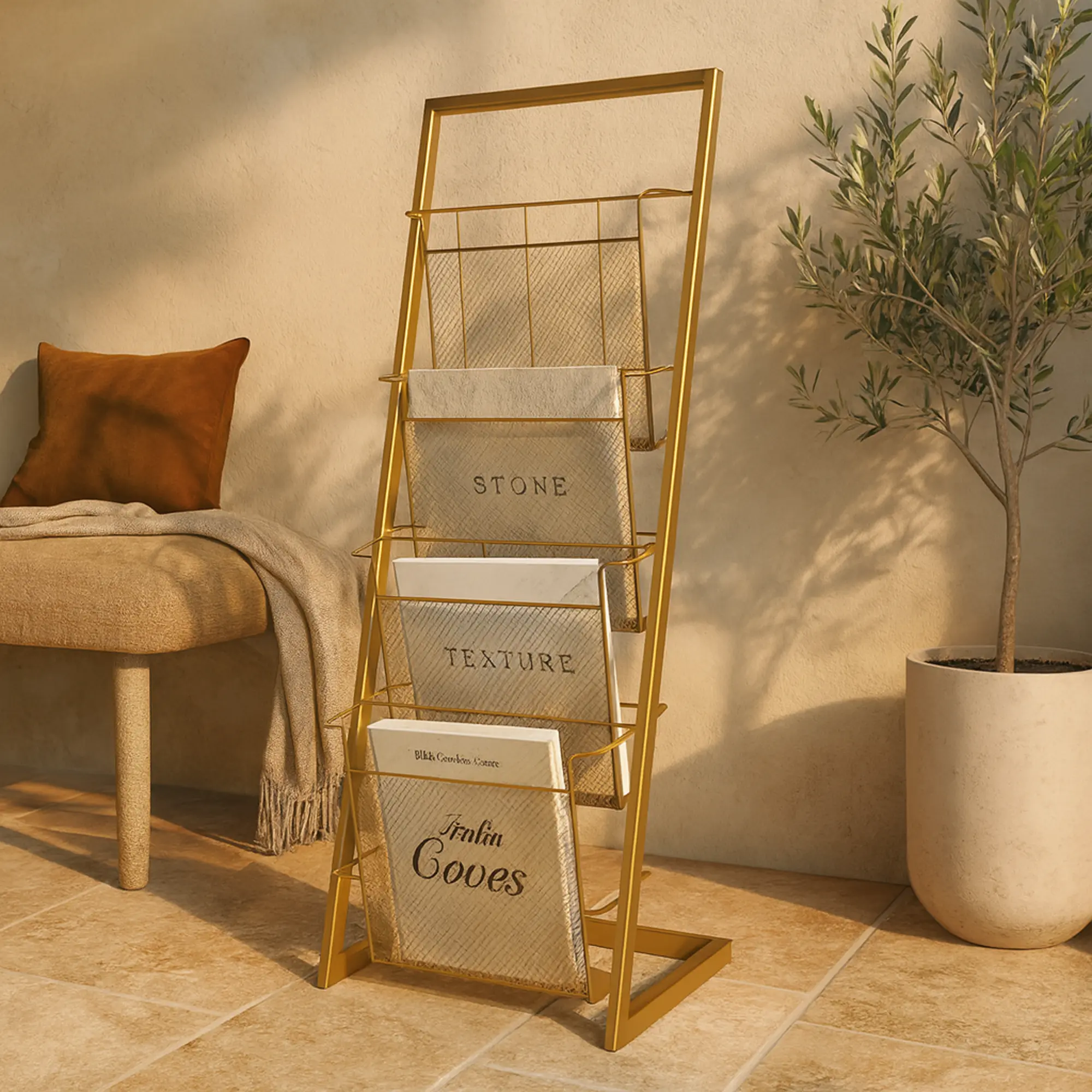Gold Metal Rectangle Minimalist 4-Slot Magazine Organiser with Tall Stand, Home Storage Basket Rack, Artistic