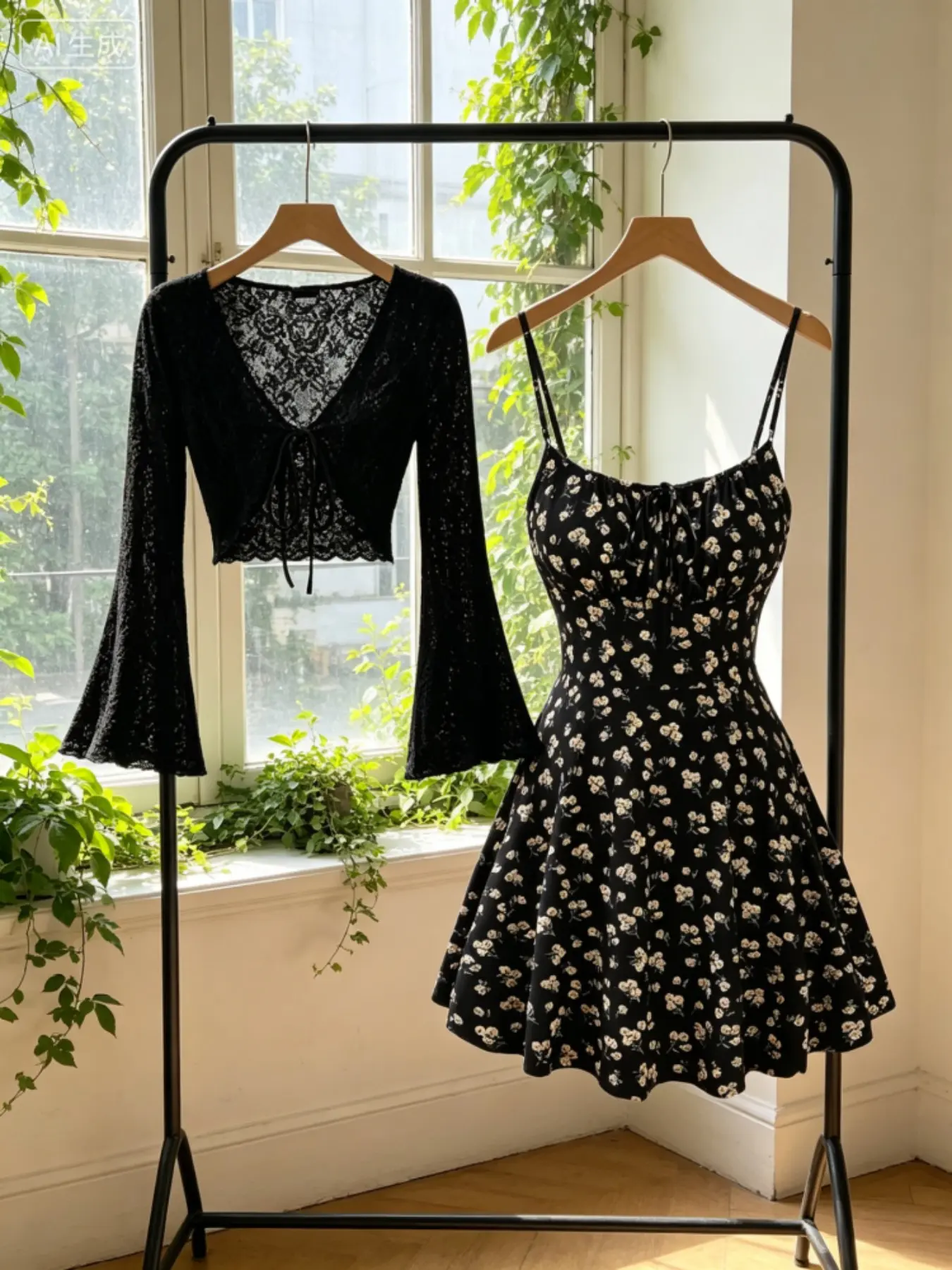 Women's Summer Long Sleeve Top & Ditsy Floral Print A-Line Dress, Elegant Bohemian Tie Front Feminine Two-Piece Set, Breathable Lightweight Fabric, Adjustable Shoulder Straps, Womenswear, Casual Wear, Flower, Elegance, Boho