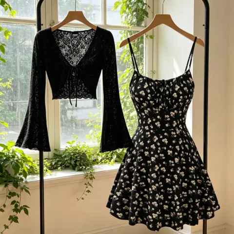 Women's Summer Long Sleeve Top & Ditsy Floral Print A-Line Dress, Elegant Bohemian Tie Front Feminine Two-Piece Set, Breathable Lightweight Fabric, Adjustable Shoulder Straps, Womenswear, Casual Wear, Chic Casual Outfits, Flower, Elegance, Boho