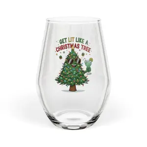 Get Lit Like a Christmas Tree – Funny Holiday Stemless Wine Glass, 11.75oz