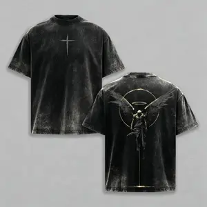 ARCHANGEL OF REPENTANCE T-Shirt Acid Wash Pump Cover Fallen Angel Double Printed Heavy Cotton Unisex Crusader Armor Graphic Tee, Vintage Cross Shirt, Medieval Warrior Streetwear, Gothic Faith Oversized Tee，funny graphic tee, men’s trendy t-shirts