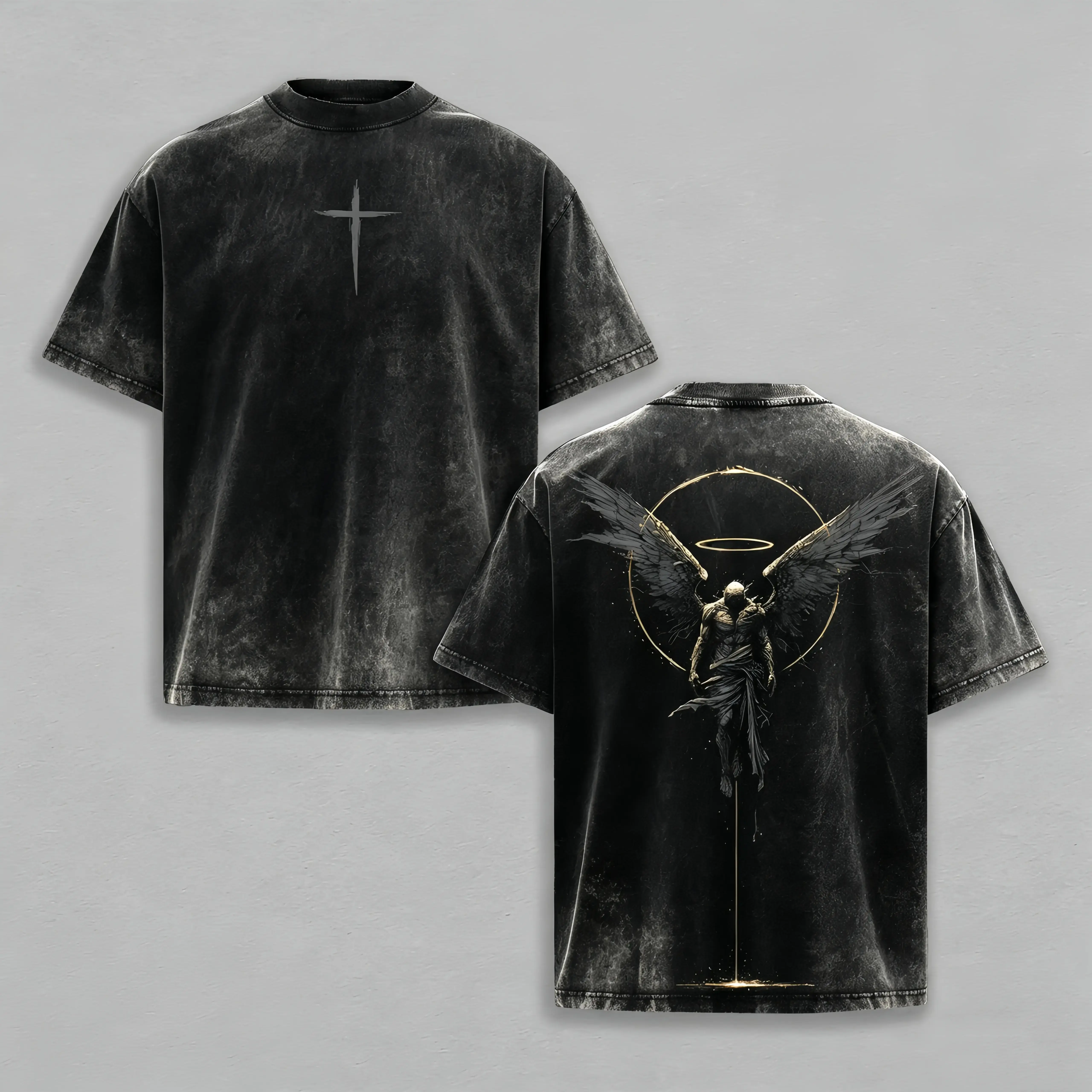 ARCHANGEL OF REPENTANCE T-Shirt Acid Wash Pump Cover Fallen Angel Double Printed Heavy Cotton Unisex Crusader Armor Graphic Tee, Vintage Cross Shirt, Medieval Warrior Streetwear, Gothic Faith Oversized Tee，funny graphic tee, men’s trendy t-shirts
