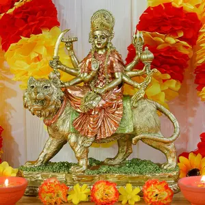 Alikiki Hindu Goddess Lord Durga Statue - India God Antique Gold Durga Murti Idol Home Temple Puja Sculpture Indian Diwali Day Mandir Pooja Decoration Family Spiritual Symbol Decor